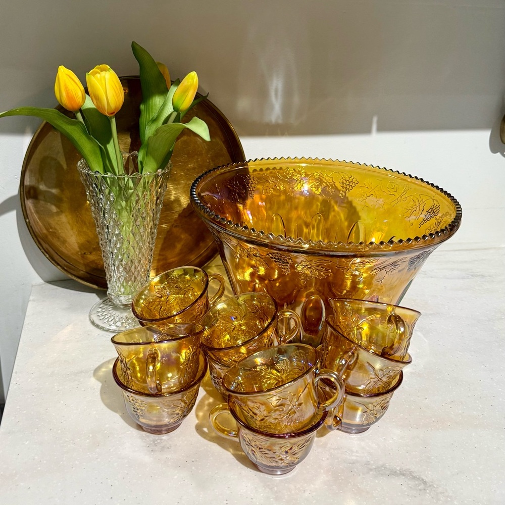 Vintage Amber Carnival Indiana Glass Punch Bowl Set - 11 Cups